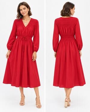 LÉA NWT Red Cotton Milkmaid Midi Dress Smocked Waist Long Sleeve Romantic Boho